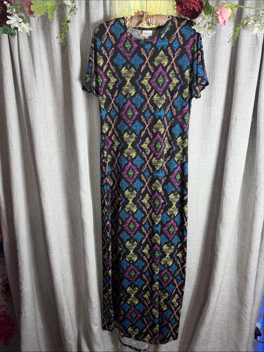 LuLaRoe Black Maxi Dress with Blue, Purple, Gold & Pink Geometric Pattern